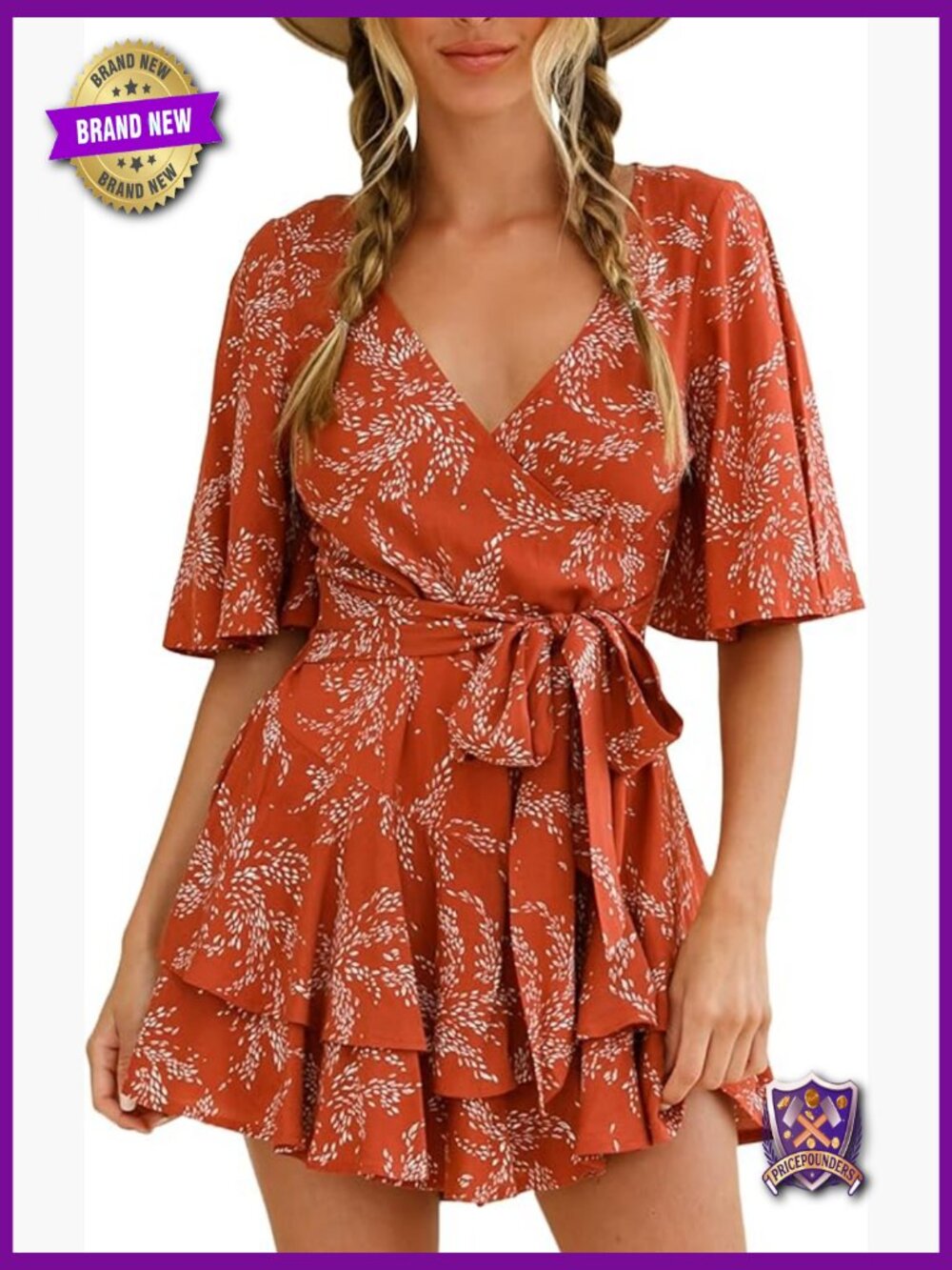 Women's Floral Romper Short Flared Sleeve V Neck Tie Waist Ruffle Hem Jumpsuit